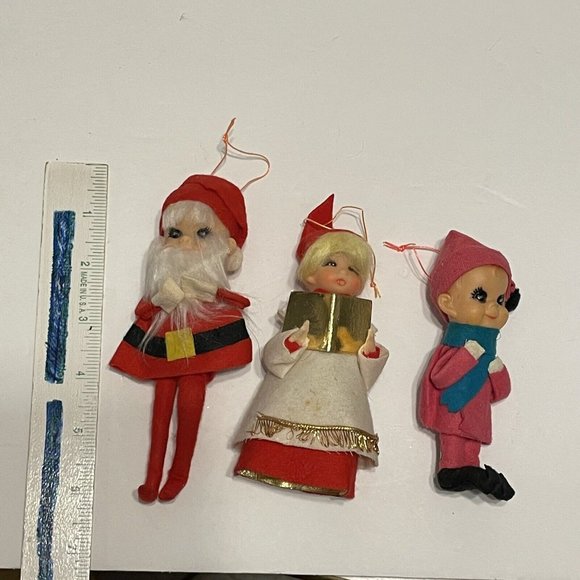 3- VINTAGE CHRISTMAS Ornaments PIXIE ELF KNEE HUGGERS Choir Rubber Face Japan - Picture 10 of 11